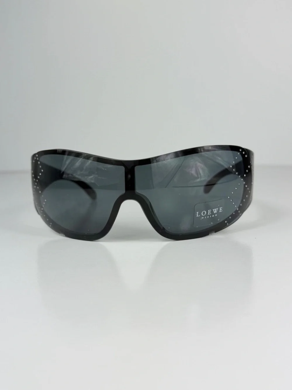 LOEWE SLW583S Z42X Crystal Anagram Shield Sunglasses Black Vtg Y2K Deadstock Set